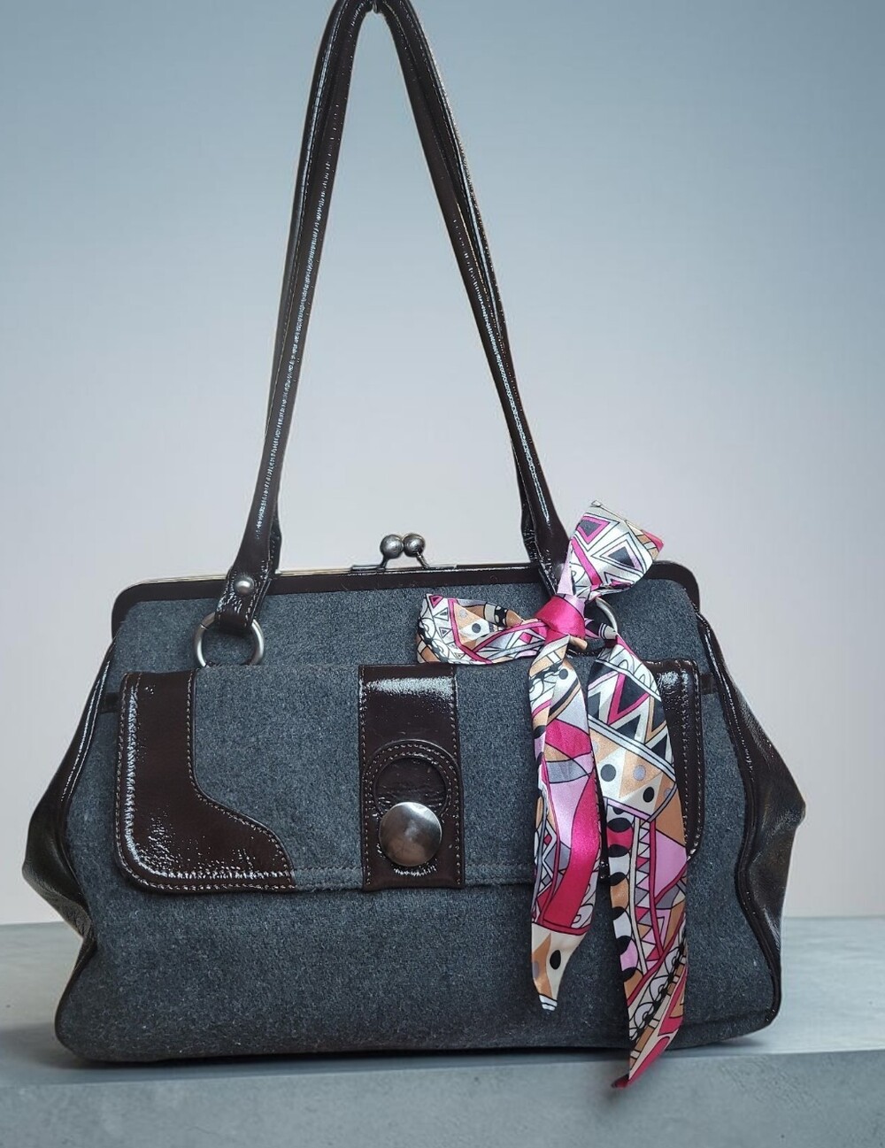 HOBO Int Gray Wool Satchel Leather Trim and Pink Patterned Scarf Good Condition